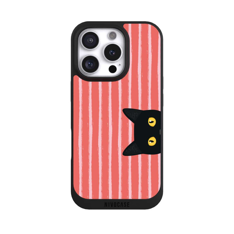 iPhone 16 Pro NIVOpure Chat noir sur fond rayé orange