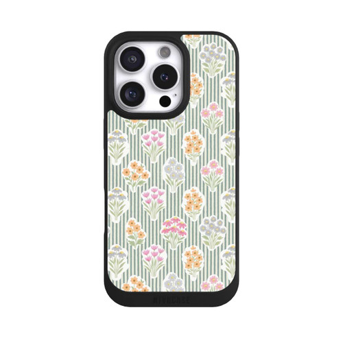 Apple iPhone 16 Pro NIVOpure Ditsy Flower Sticker Bouquets on Blue and Cream Pinstripes