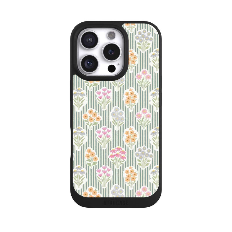 iPhone 16 Pro NIVOpure Ditsy Flower Sticker Bouquets on Blue and Cream Pinstripes