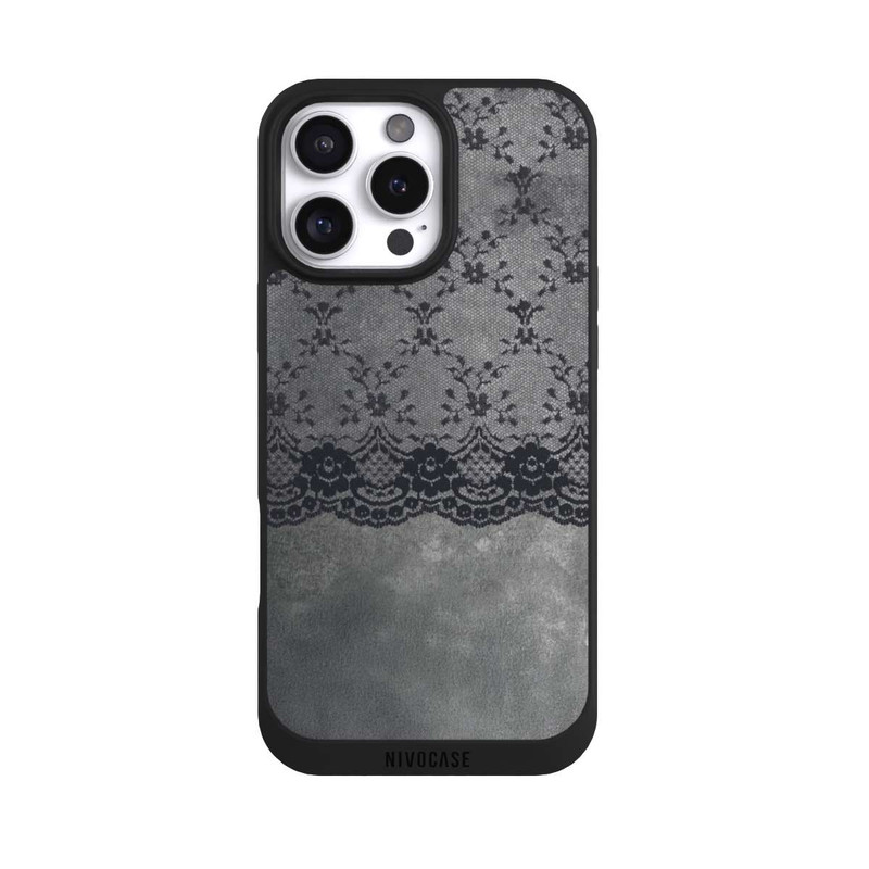 iPhone 16 Pro Max NIVOpure Schwarzes Spitzenmuster auf grauem Hintergrund