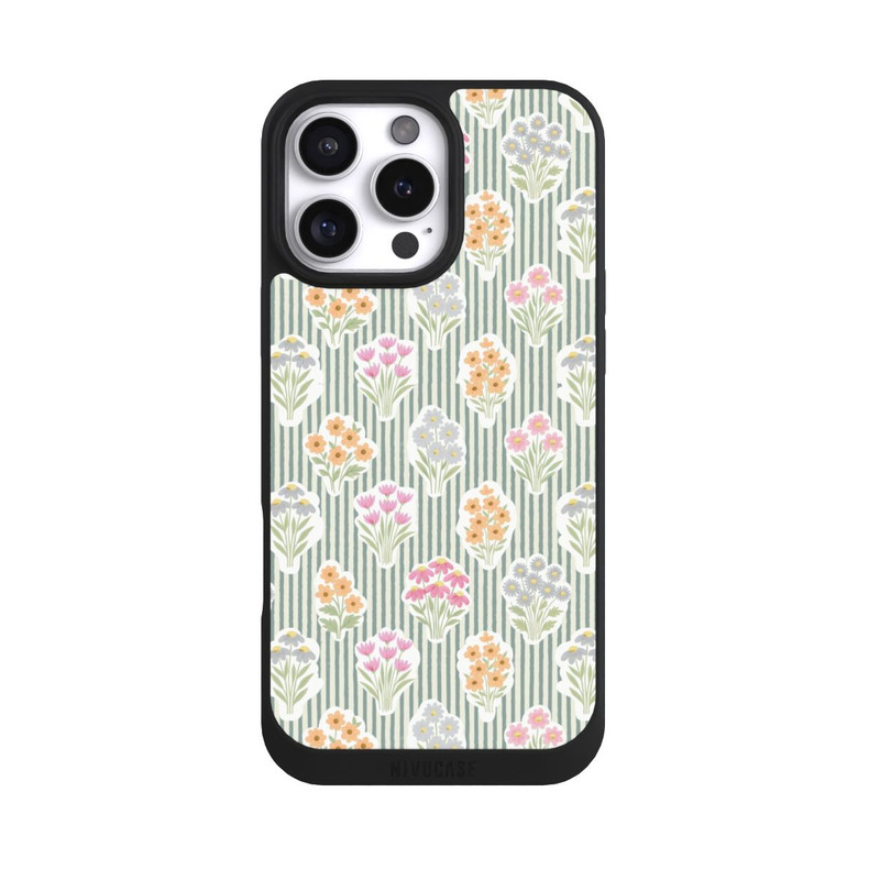 iPhone 16 Pro Max NIVOpure Ditsy Flower Sticker Bouquets on Blue and Cream Pinstripes