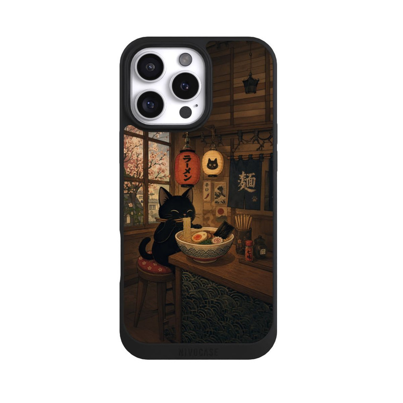 iPhone 16 Pro Max NIVOpure Bar à ramen avec un chat noir avec l'IA