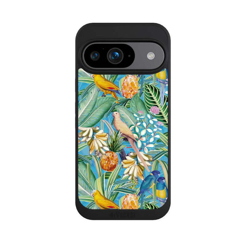 Pixel 9 NIVOpure Tropische Papageien auf blauer Tapete