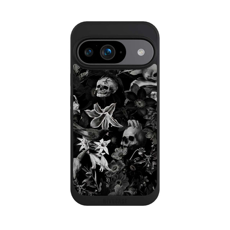 Pixel 9 NIVOpure Totenköpfe und Blumen auf schwarzem Hintergrund