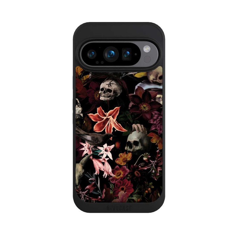 Pixel 9 Pro NIVOpure Totenköpfe und Blumen auf dunklem Hintergrund