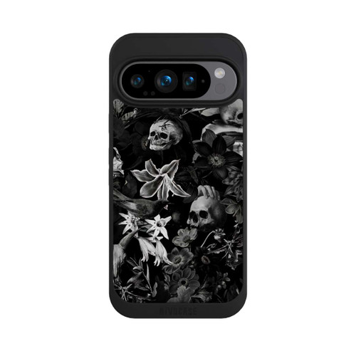 Google Pixel 9 Pro NIVOpure Totenköpfe und Blumen auf schwarzem Hintergrund
