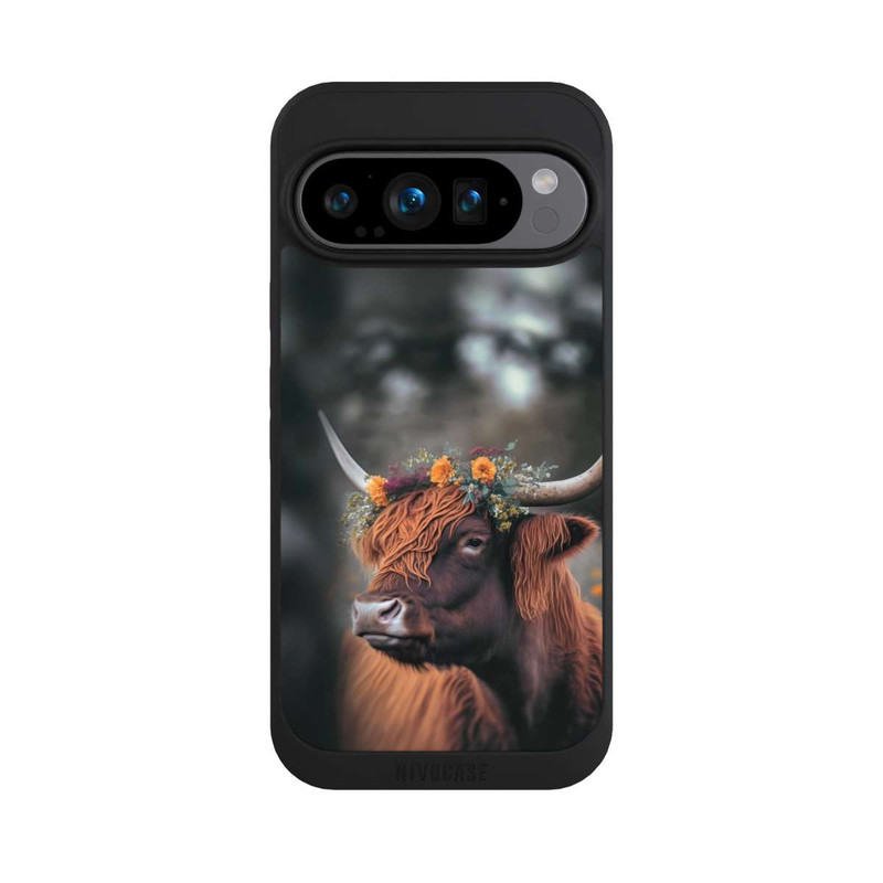 Pixel 9 Pro NIVOpure Vache des Highlands avec des fleurs avec IA