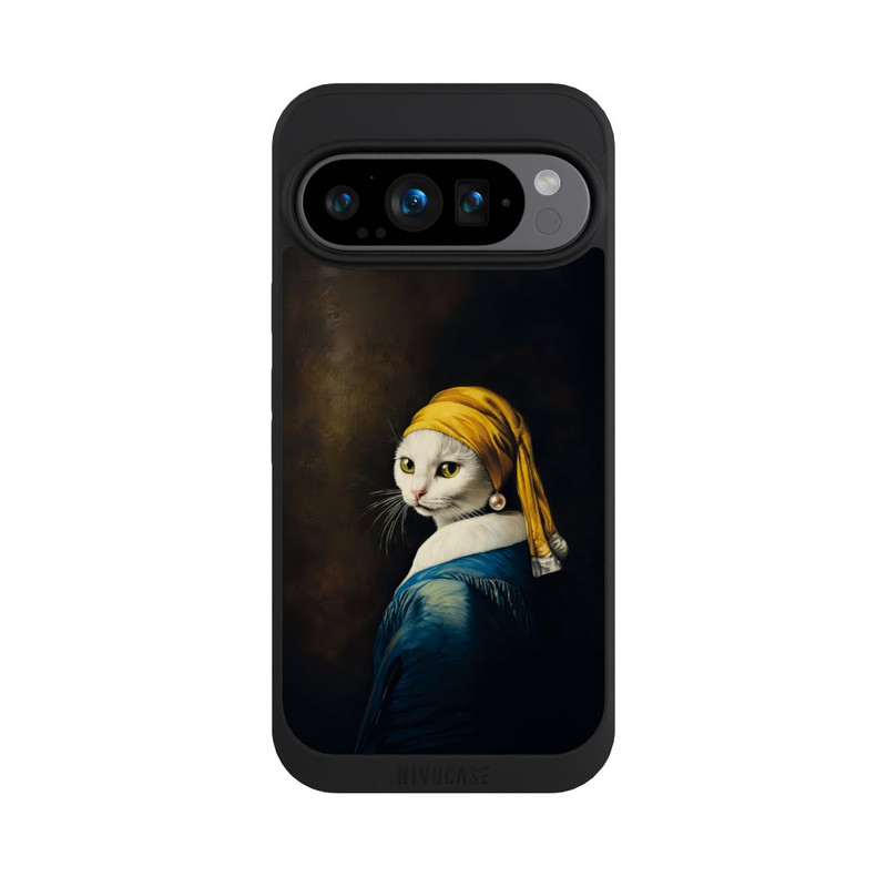 Pixel 9 Pro NIVOpure Fille avec une boucle d'oreille en perle déguisée en chat blanc avec IA