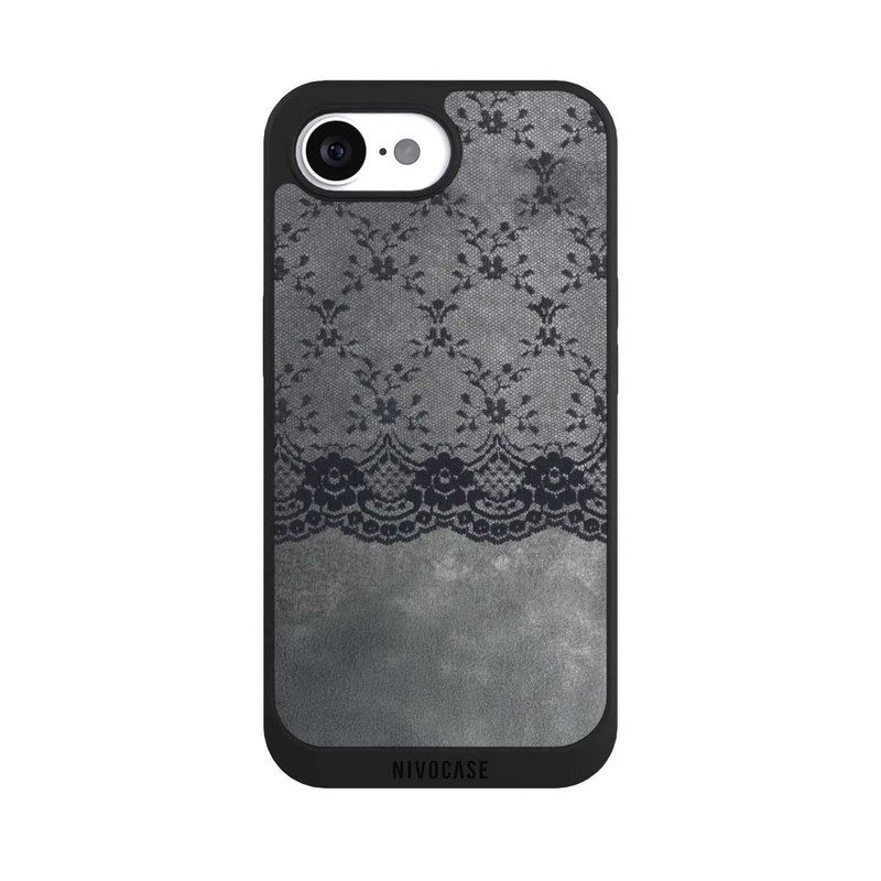 iPhone 16e NIVOpure Motif de Dentelle Noire sur fond gris