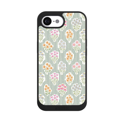 Apple iPhone 16e NIVOpure Ditsy Flower Sticker Bouquets on Blue and Cream Pinstripes