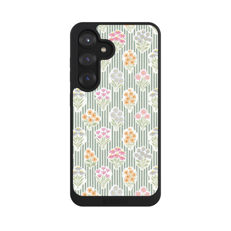 Galaxy S25 NIVOpure Ditsy Flower Sticker Bouquets on Blue and Cream Pinstripes
