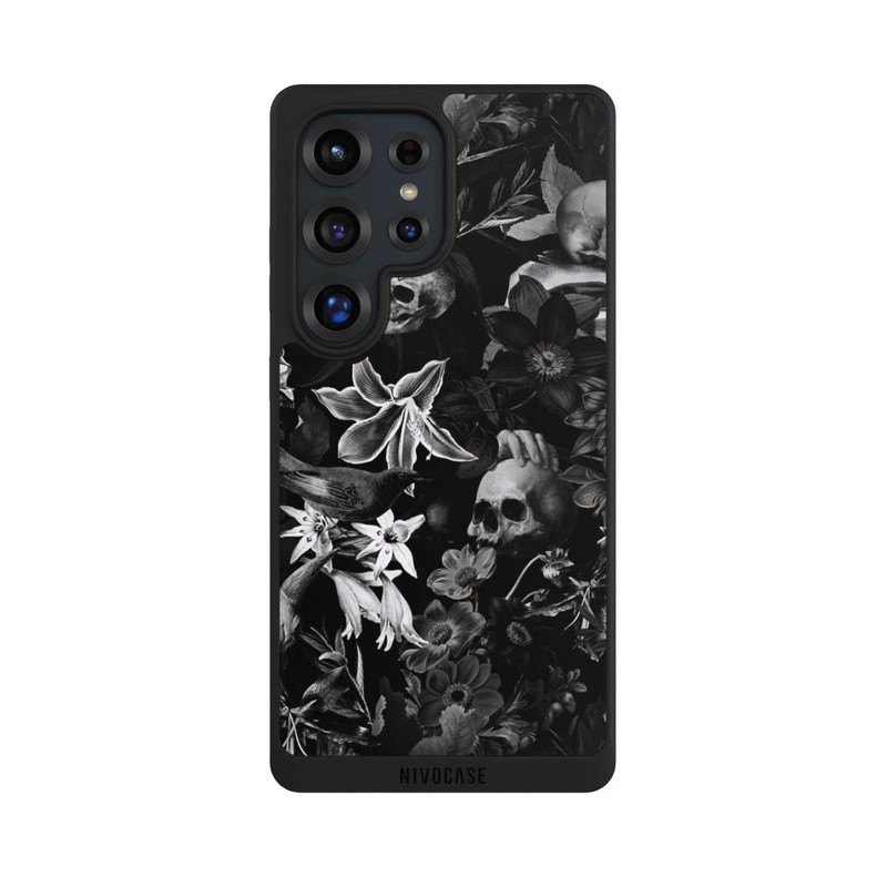 Galaxy S25 Ultra NIVOpure Totenköpfe und Blumen auf schwarzem Hintergrund