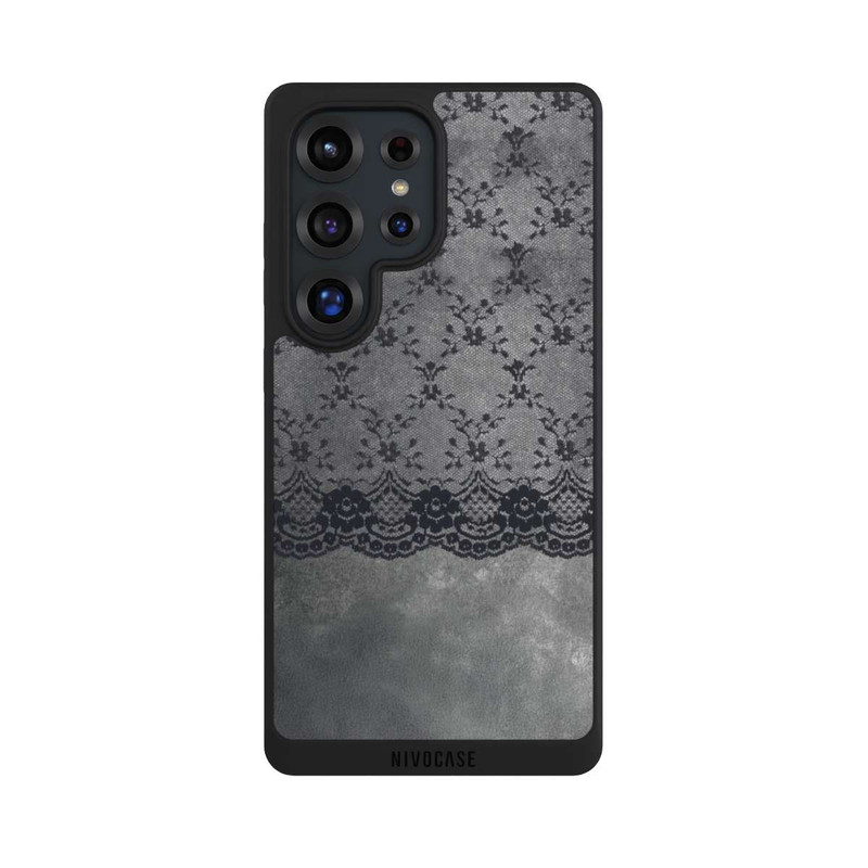 Galaxy S25 Ultra NIVOpure Schwarzes Spitzenmuster auf grauem Hintergrund