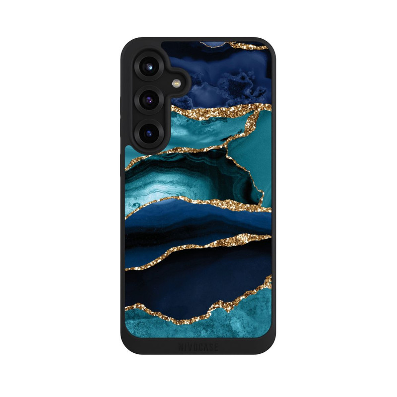 Galaxy S25 + NIVOpure Aspect pailleté doré marbré bleu foncé et bleu clair