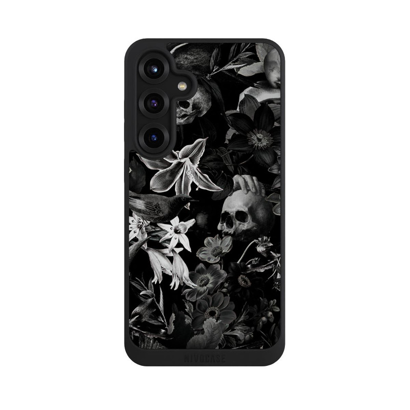 Galaxy S25 + NIVOpure Totenköpfe und Blumen auf schwarzem Hintergrund
