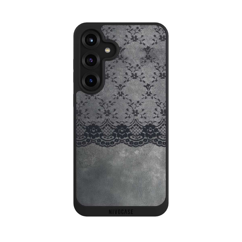 Galaxy S25 + NIVOpure Schwarzes Spitzenmuster auf grauem Hintergrund