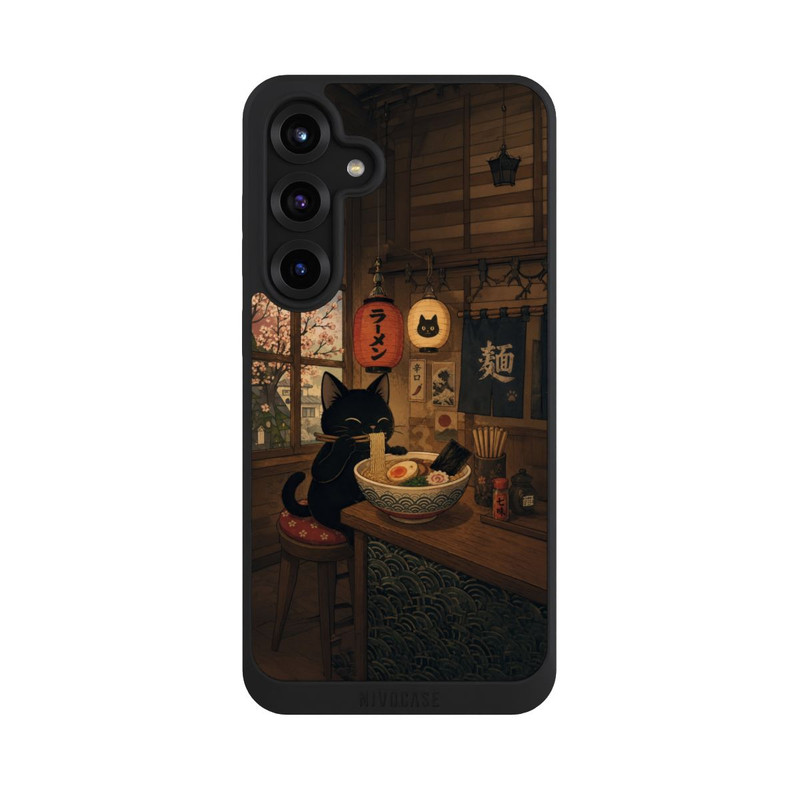 Galaxy S25 + NIVOpure Bar à ramen avec un chat noir avec l'IA