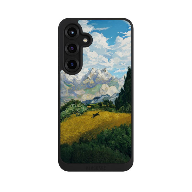 Galaxy S25 + NIVOpure Weizenfeld mit Zypressen von van Gogh mit Katze mit KI