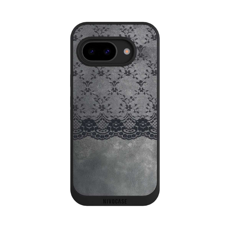 Pixel 9 a NIVOpure Black Lace Pattern on a Grey Background