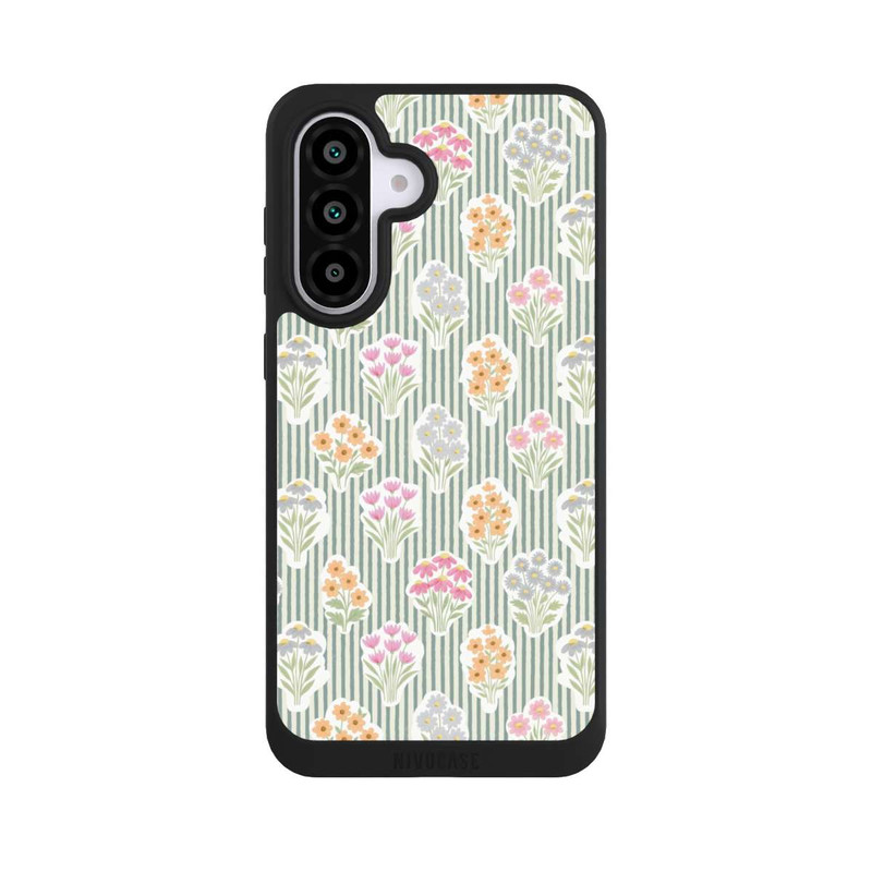 Galaxy A56 5G NIVOpure Ditsy Flower Sticker Bouquets on Blue and Cream Pinstripes