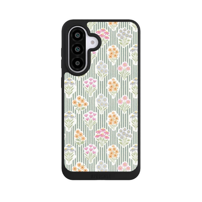 Galaxy A56 5G NIVOpure Ditsy Flower Sticker Bouquets on Blue and Cream Pinstripes