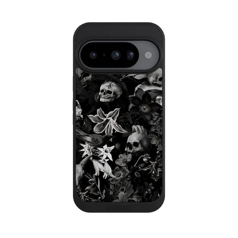 Pixel 10 NIVOpure Crânes et fleurs sur fond noir