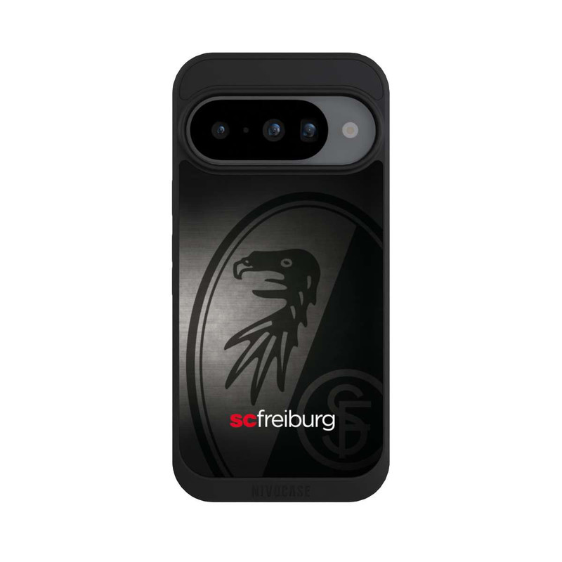 Pixel 10 NIVOpure Dot Metall Hintergrund mit dem Schriftzug SC Freiburg