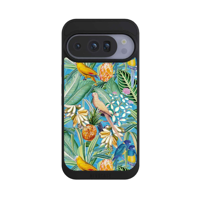 Pixel 10 Pro NIVOpure Perroquets tropicaux sur papier peint bleu