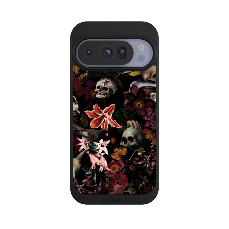 Pixel 10 Pro NIVOpure Crânes et fleurs sur fond sombre