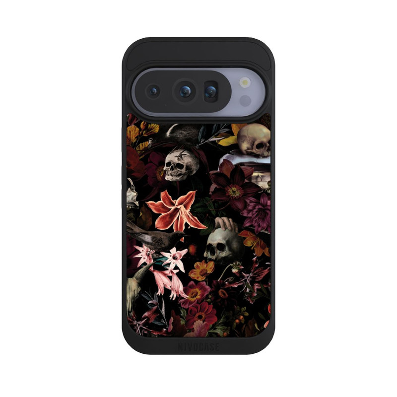 Pixel 10 Pro NIVOpure Totenköpfe und Blumen auf dunklem Hintergrund