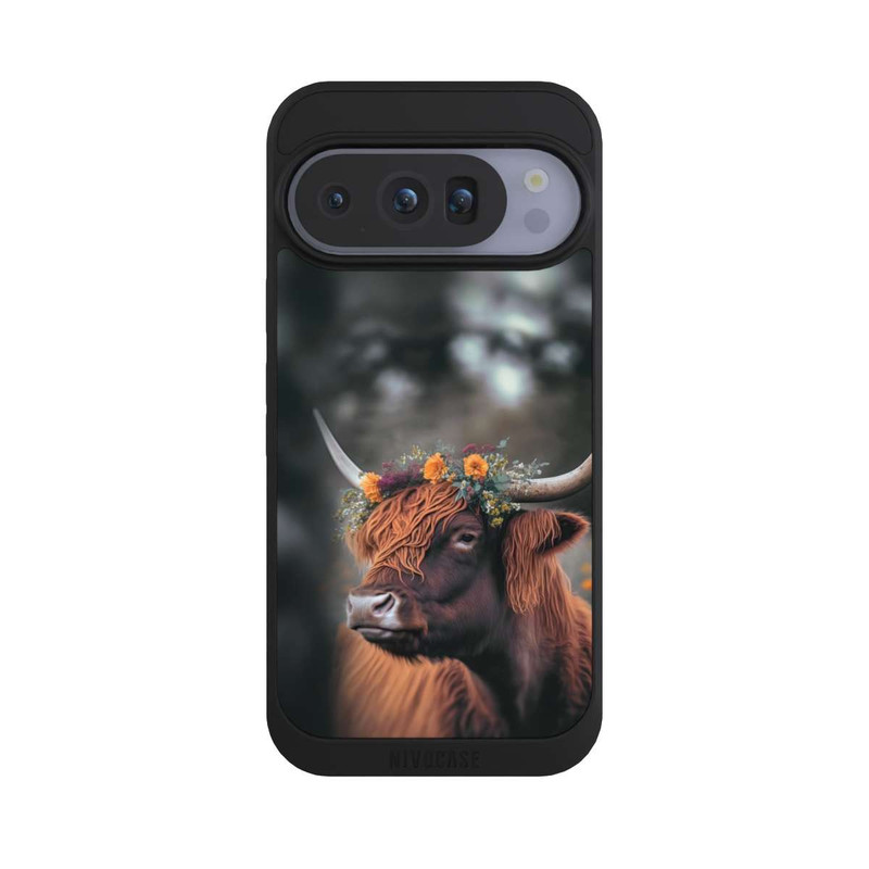Pixel 10 Pro NIVOpure Vache des Highlands avec des fleurs avec IA