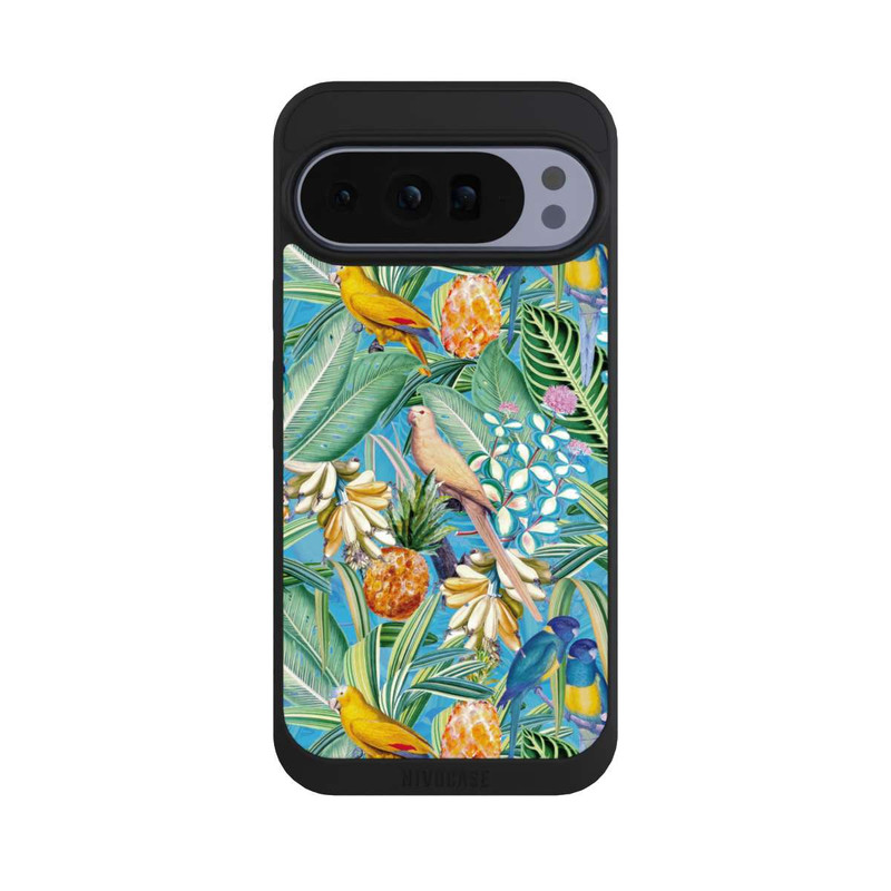 Pixel 10 Pro XL NIVOpure Tropische Papageien auf blauer Tapete