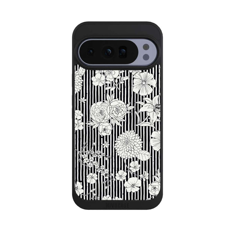 Pixel 10 Pro XL NIVOpure Fleurs et rayures noir et blanc