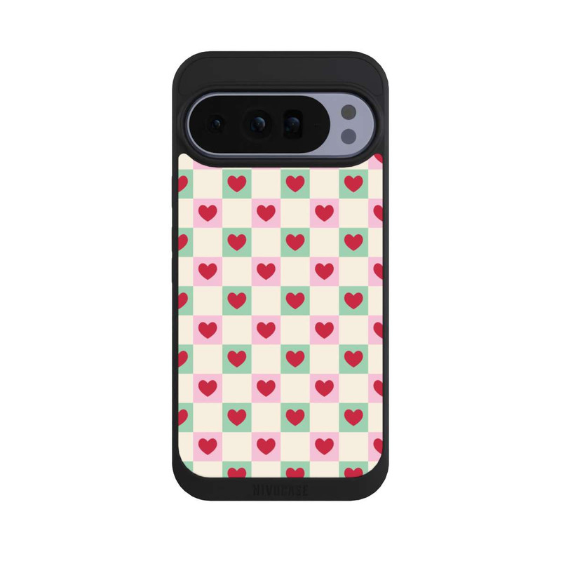 Pixel 10 Pro XL NIVOpure Cœurs à Carreaux Rose et Vert Saint-Valentin