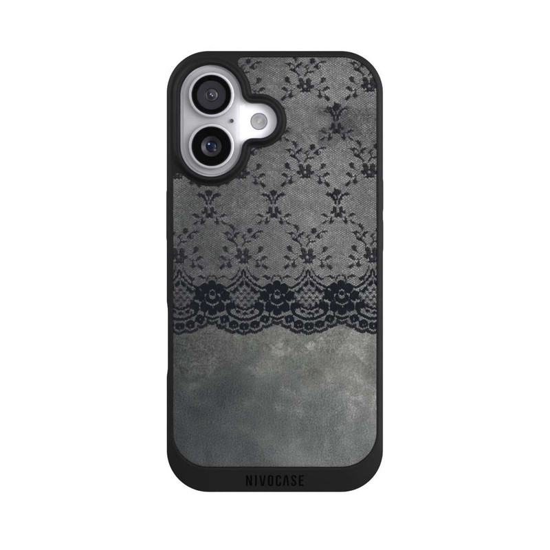 iPhone 17 NIVOpure Schwarzes Spitzenmuster auf grauem Hintergrund