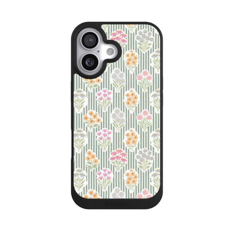 iPhone 17 NIVOpure Ditsy Flower Sticker Bouquets on Blue and Cream Pinstripes