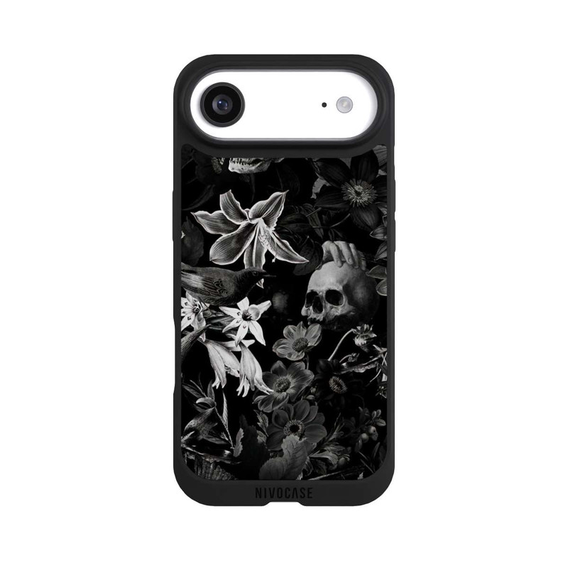 iPhone Air NIVOpure Totenköpfe und Blumen auf schwarzem Hintergrund