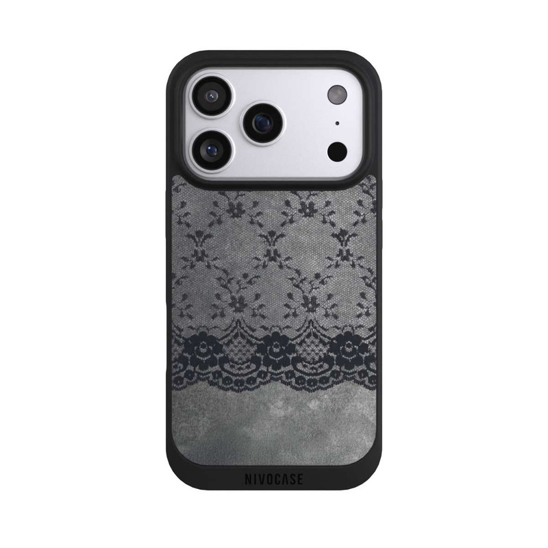 iPhone 17 Pro NIVOpure Black Lace Pattern on a Grey Background