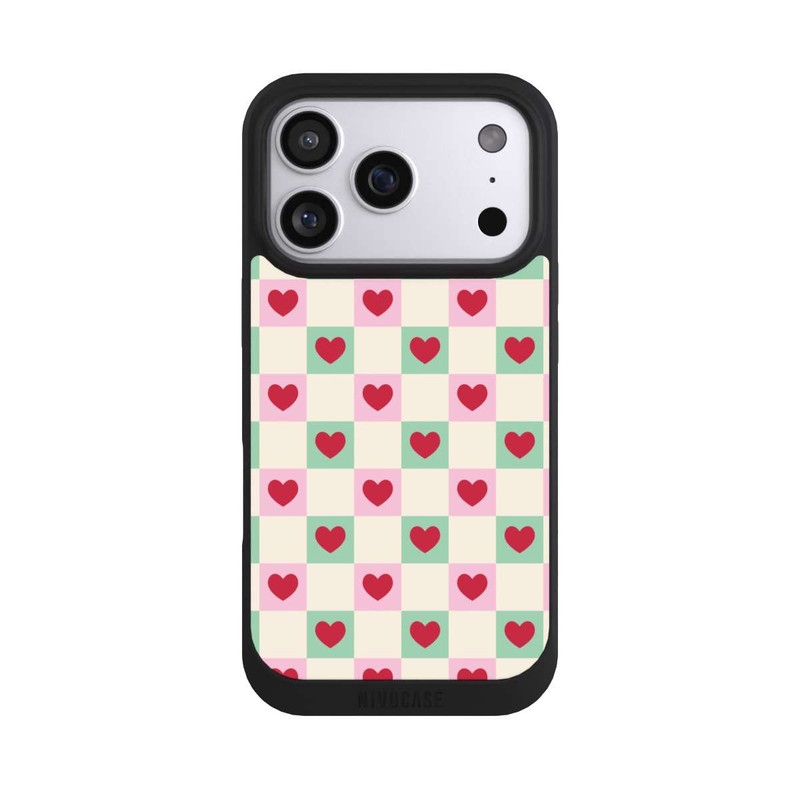 iPhone 17 Pro NIVOpure Cœurs à Carreaux Rose et Vert Saint-Valentin