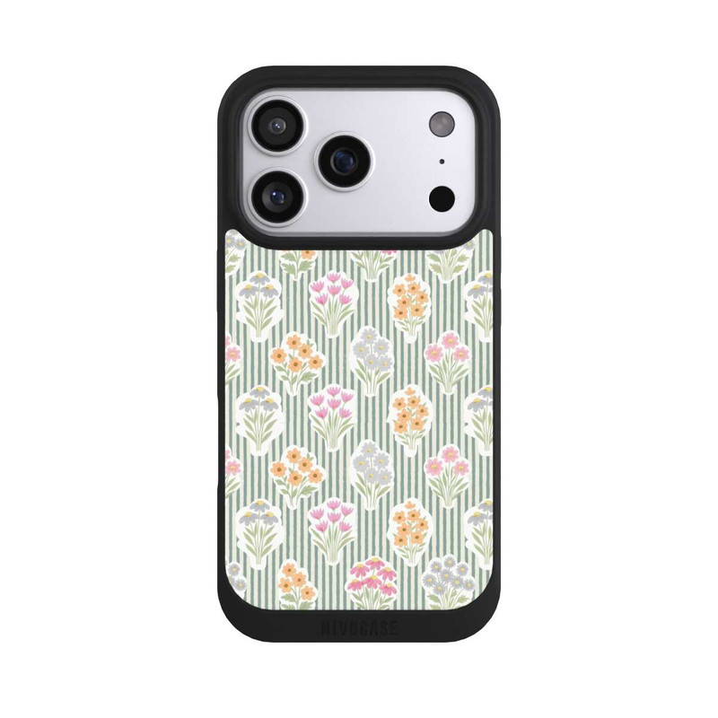 iPhone 17 Pro NIVOpure Ditsy Flower Sticker Bouquets on Blue and Cream Pinstripes