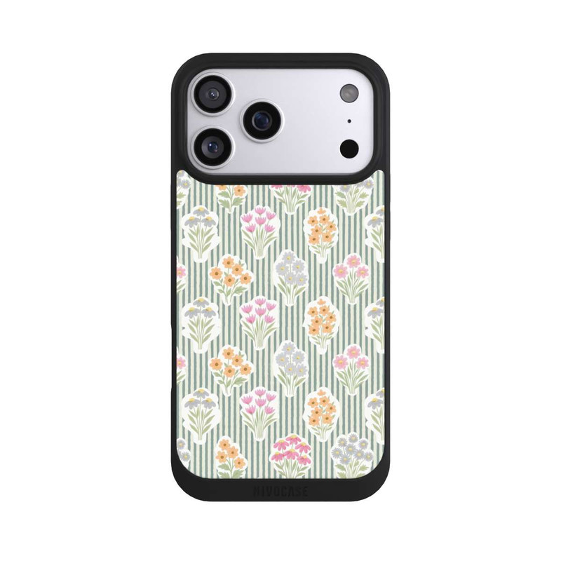 iPhone 17 Pro Max NIVOpure Ditsy Flower Sticker Bouquets on Blue and Cream Pinstripes