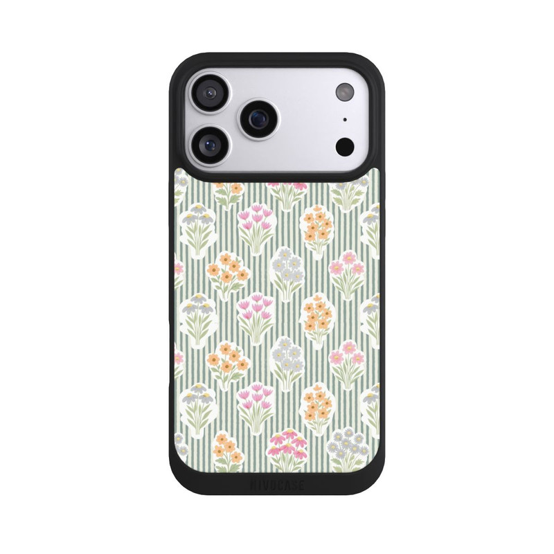 iPhone 17 Pro Max NIVOpure Ditsy Flower Sticker Bouquets on Blue and Cream Pinstripes