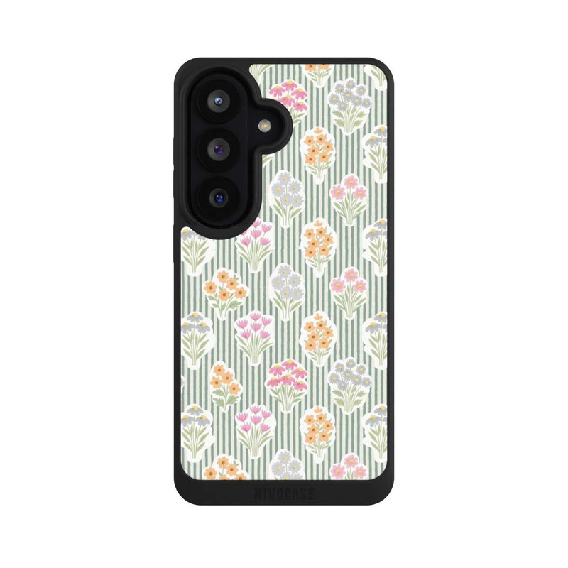 Galaxy S26 NIVOpure Ditsy Flower Sticker Bouquets on Blue and Cream Pinstripes