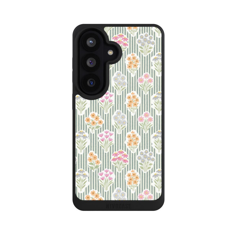Galaxy S26 NIVOpure Ditsy Flower Sticker Bouquets on Blue and Cream Pinstripes