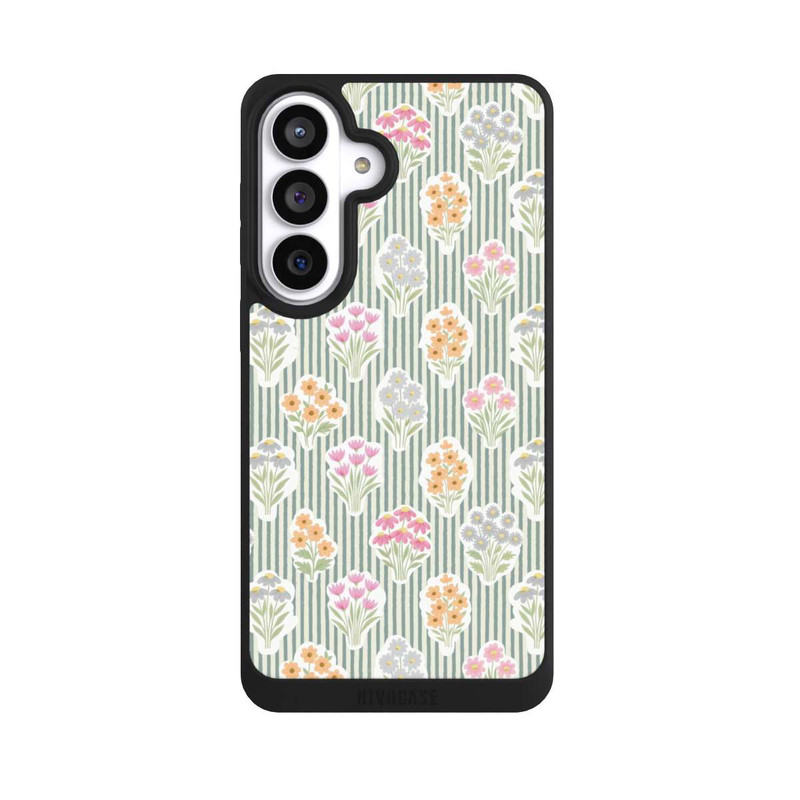 Galaxy S26+ NIVOpure Ditsy Flower Sticker Bouquets on Blue and Cream Pinstripes