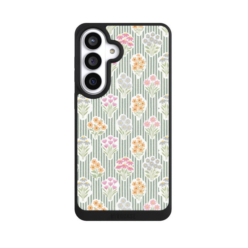 Galaxy S26+ NIVOpure Ditsy Flower Sticker Bouquets on Blue and Cream Pinstripes