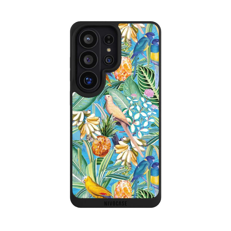 Galaxy S26 Ultra NIVOpure Tropische Papageien auf blauer Tapete