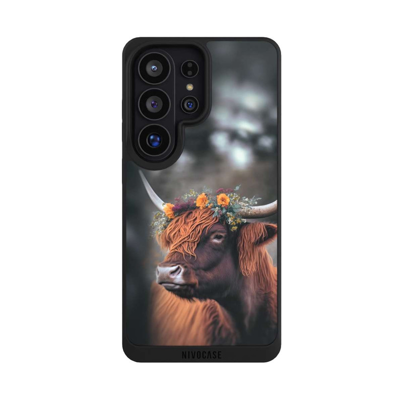 Galaxy S26 Ultra NIVOpure Vache des Highlands avec des fleurs avec IA