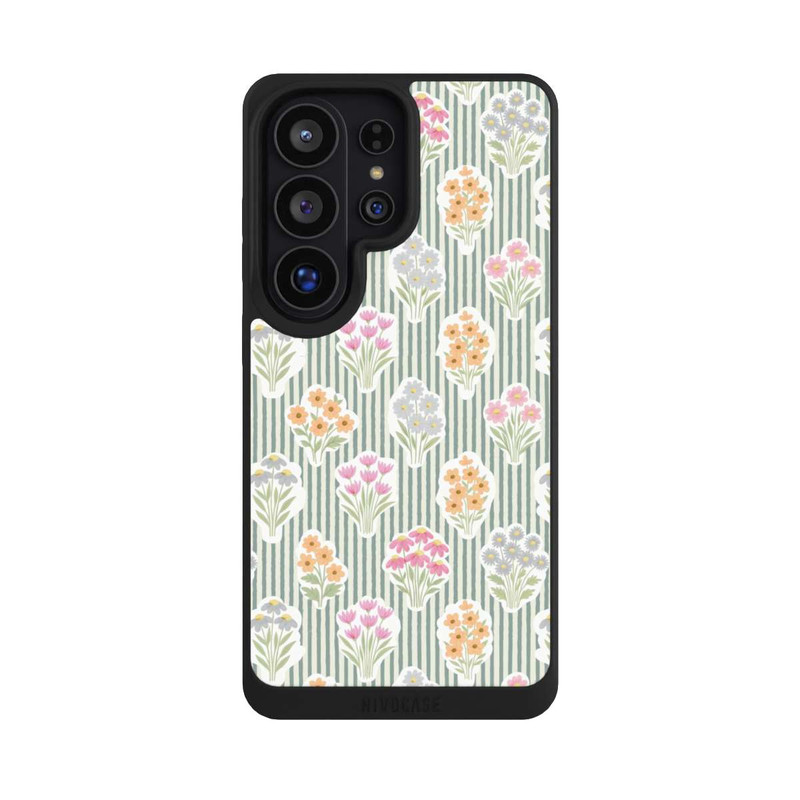 Galaxy S26 Ultra NIVOpure Ditsy Flower Sticker Bouquets on Blue and Cream Pinstripes