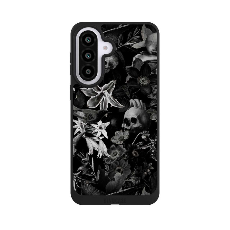 Galaxy A57 5G NIVOpure Totenköpfe und Blumen auf schwarzem Hintergrund
